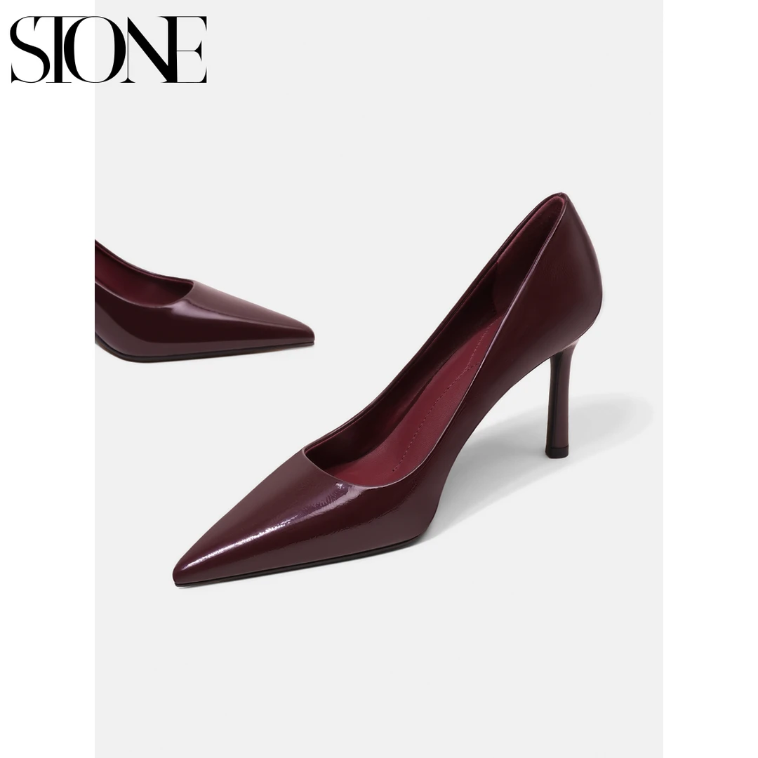 石头家酒红色软皮高跟鞋绝美女细跟性感名媛尖头单鞋职业通勤鞋