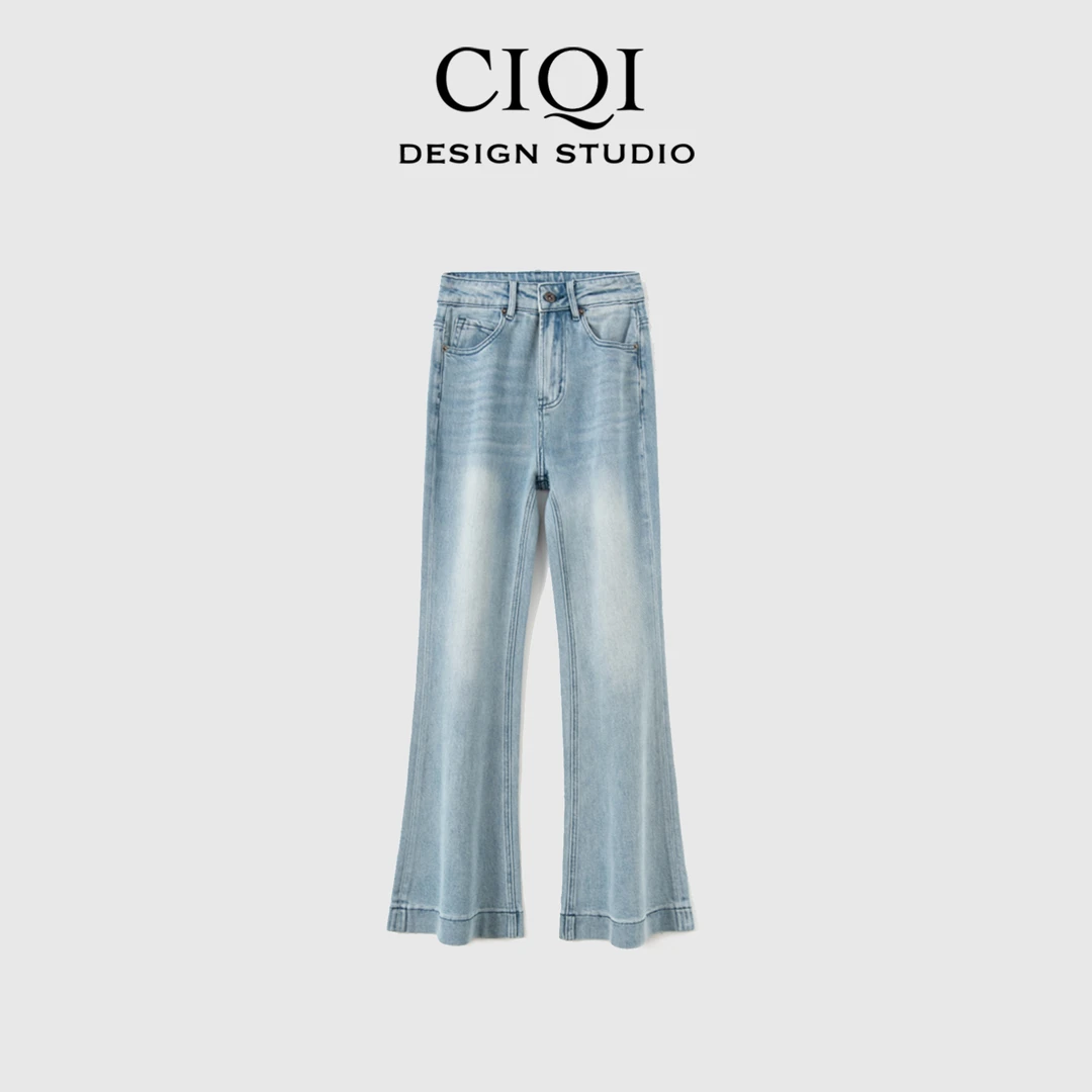 CIQI STUDIO 2025夏季高腰气质显瘦显瘦宽松微喇弹力牛仔裤AZ077