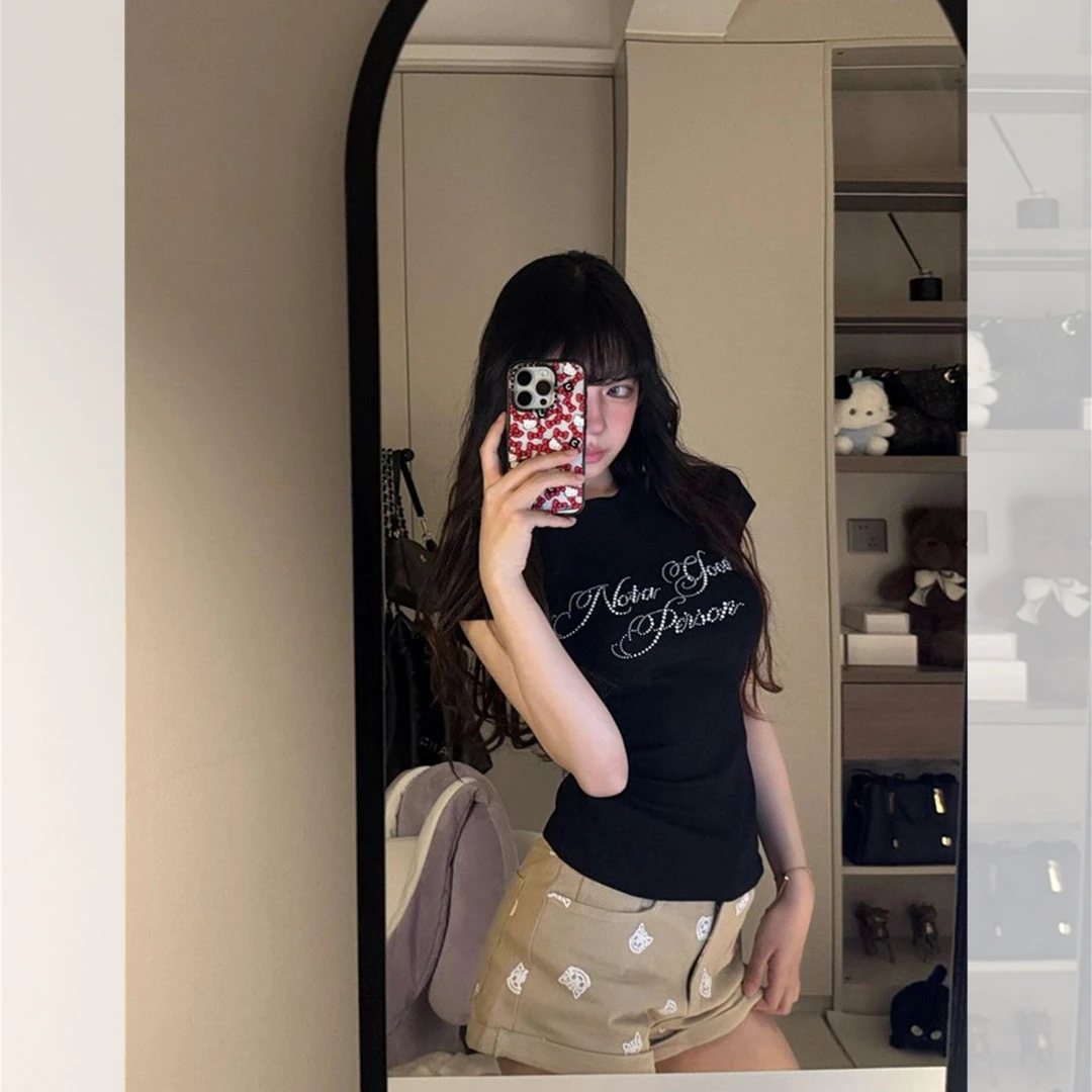 美式辣妹黑色正肩短袖T恤女夏季修身百搭烫钻字母印花短款上衣潮