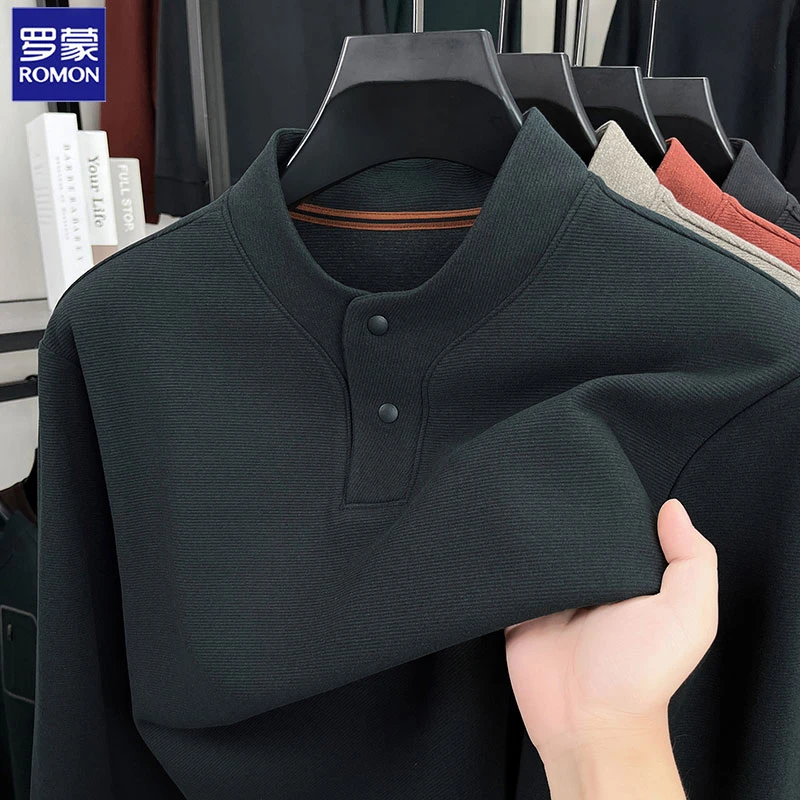 Romon/罗蒙秋季新款男士立领长袖加厚卫衣含桑蚕丝宽松两粒扣打底