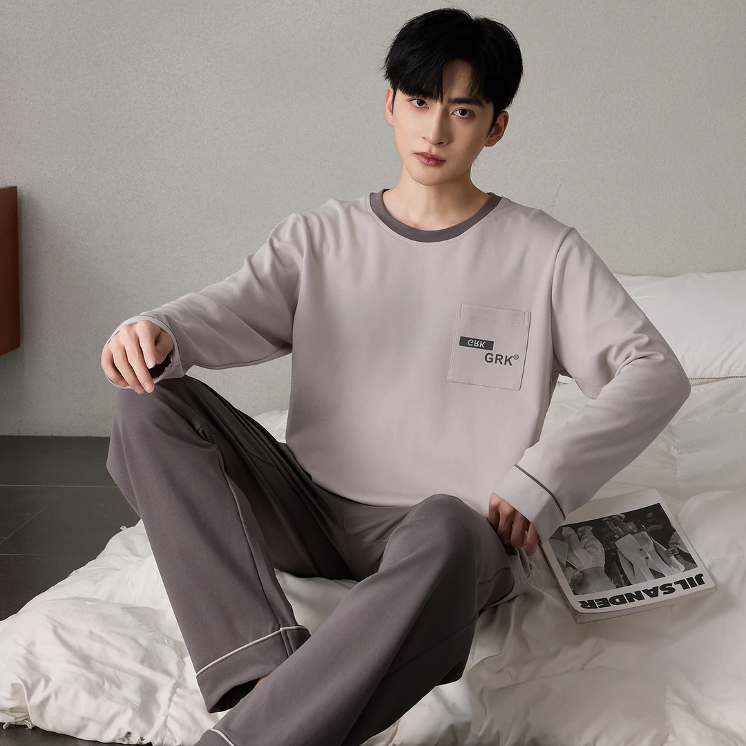男士睡衣男2025秋冬季圆领长袖长裤套装简约休闲纯色家居服可外穿