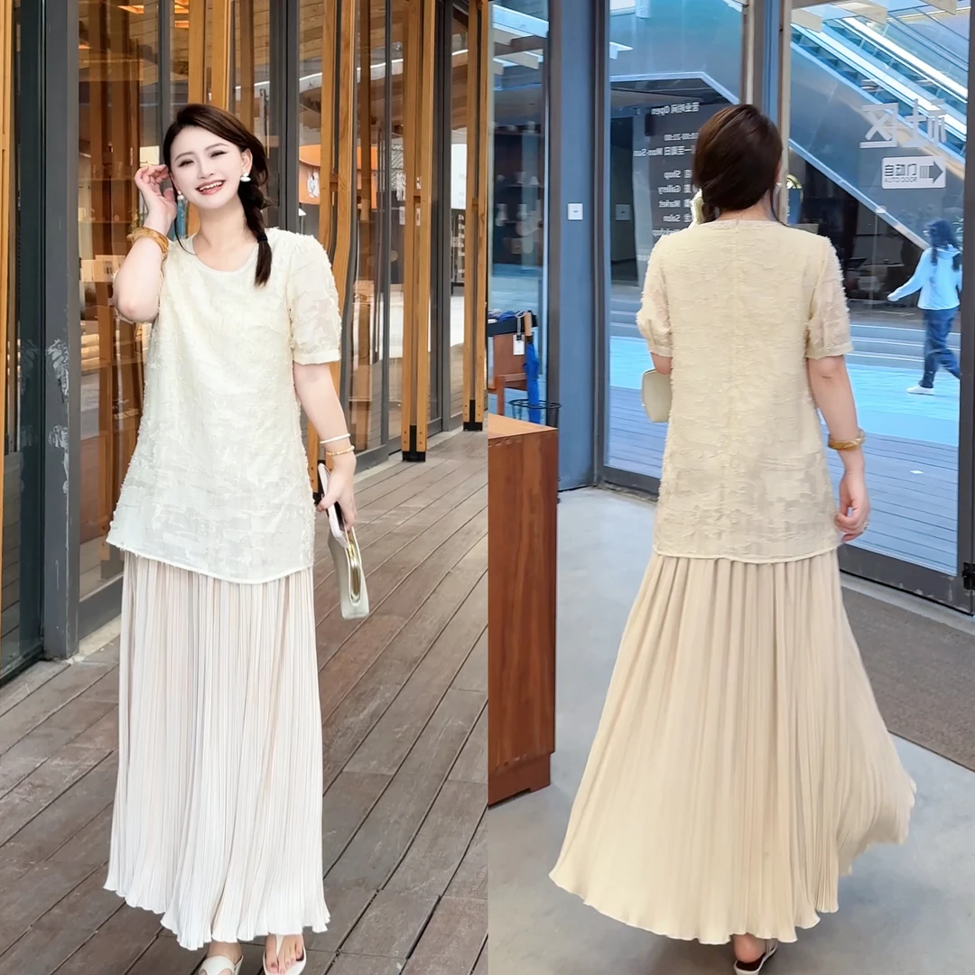 PRASE·杨杨【小资情调】微胖轻奢设计夏天丝拼接压褶连衣裙PR505E29