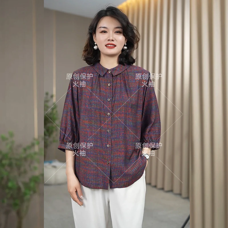 火袖F987时髦娃娃领印花2025新款早春高端洋气宽松遮肚妈妈款小衫