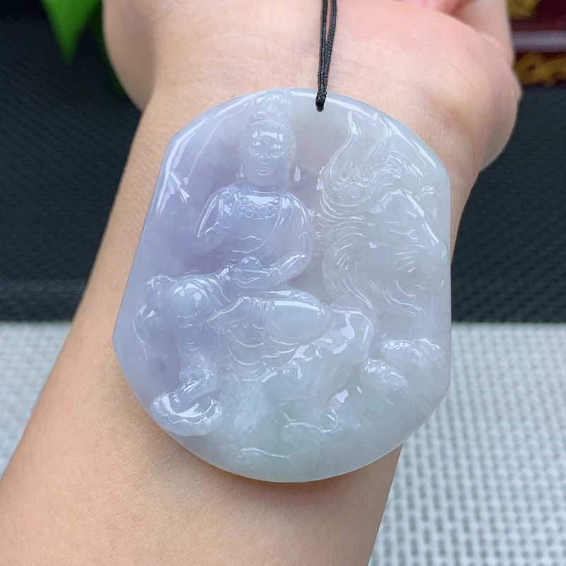 天然缅甸翡翠A货冰紫文殊菩萨吊坠玉石挂件守护神28.06