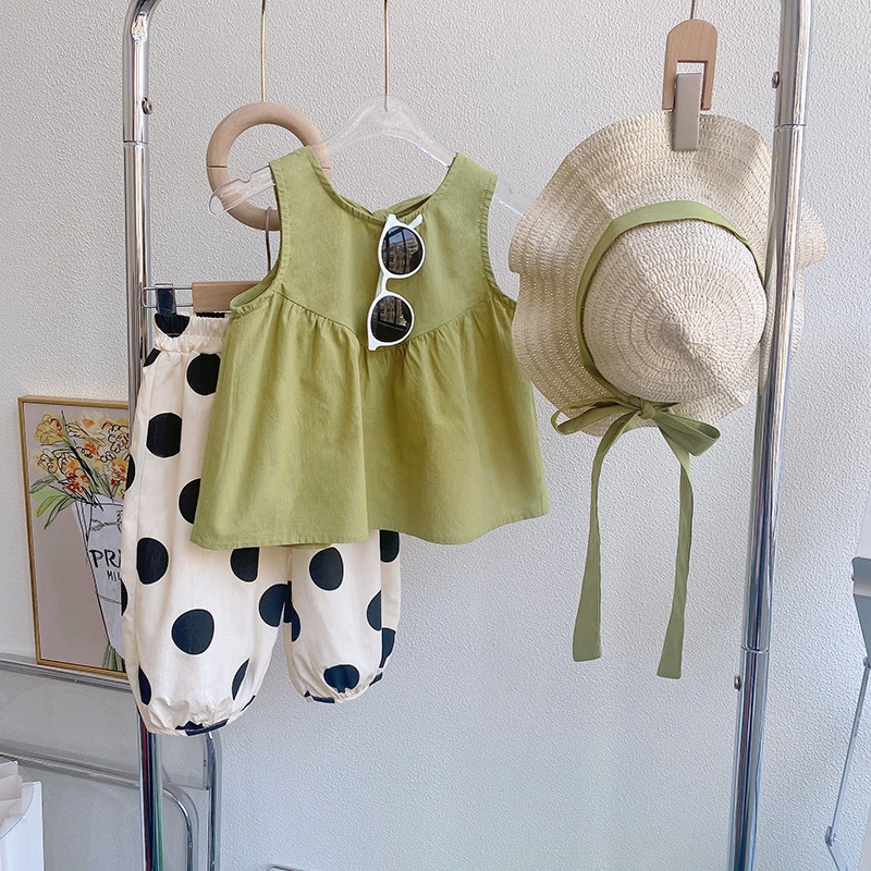 网红女宝宝韩版休闲套装中小童夏季新款洋气吊带上衣波点裤两件套