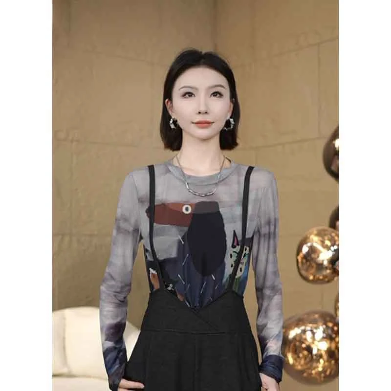 小个子夏季网纱打底衫T恤女2025新款涂鸦印花独特设计感防晒上衣