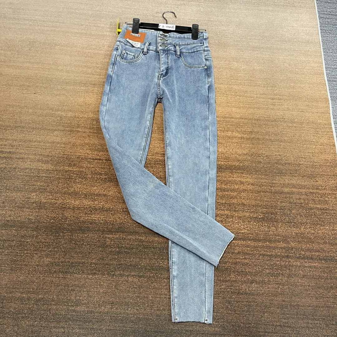 #C3-1106 加绒-厚绒 浅蓝3扣高腰小脚女裤 高弹