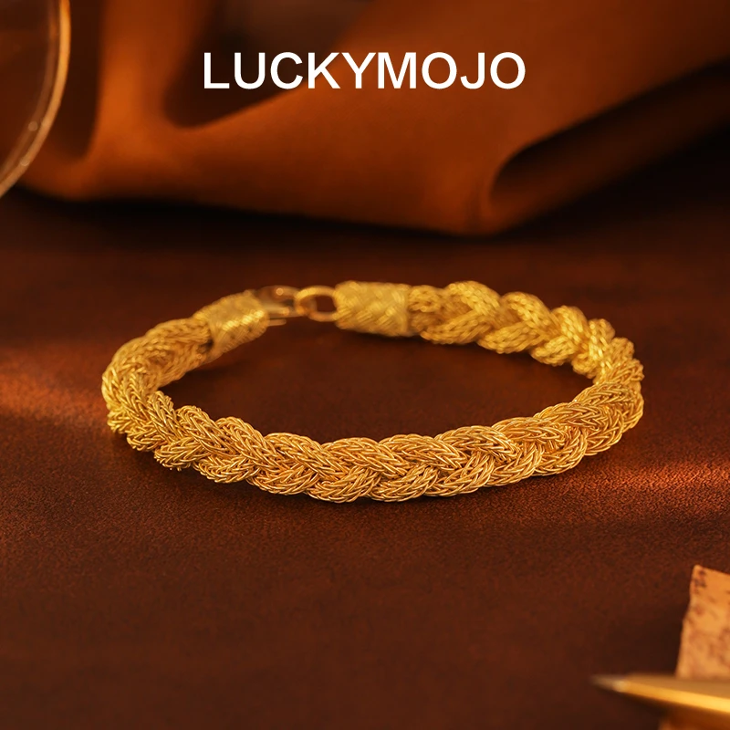 LUCKYMOJO 足银手链 轻奢贵气感银镀金麻花银丝手工编织手链男女