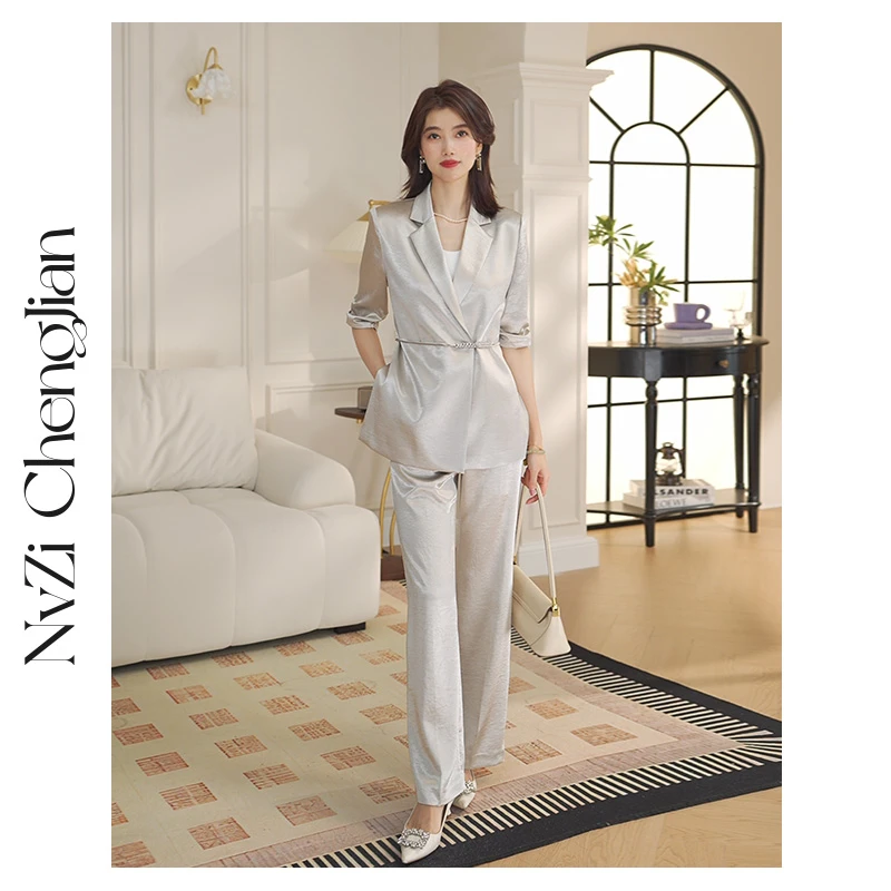 女子成鉴 冷香槟国风套装夏季薄款西装喇叭裤两件套Y-56108+51108