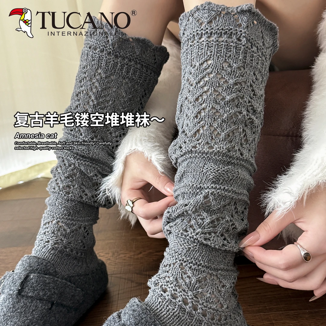 韦雪同款袜子女羊毛堆堆袜春秋复古灰色小腿袜女配靴子长筒袜秋冬