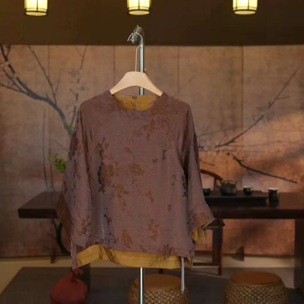 360【霜降红枫】双面穿新中式国风提花老料圆领不规则七分袖小衫