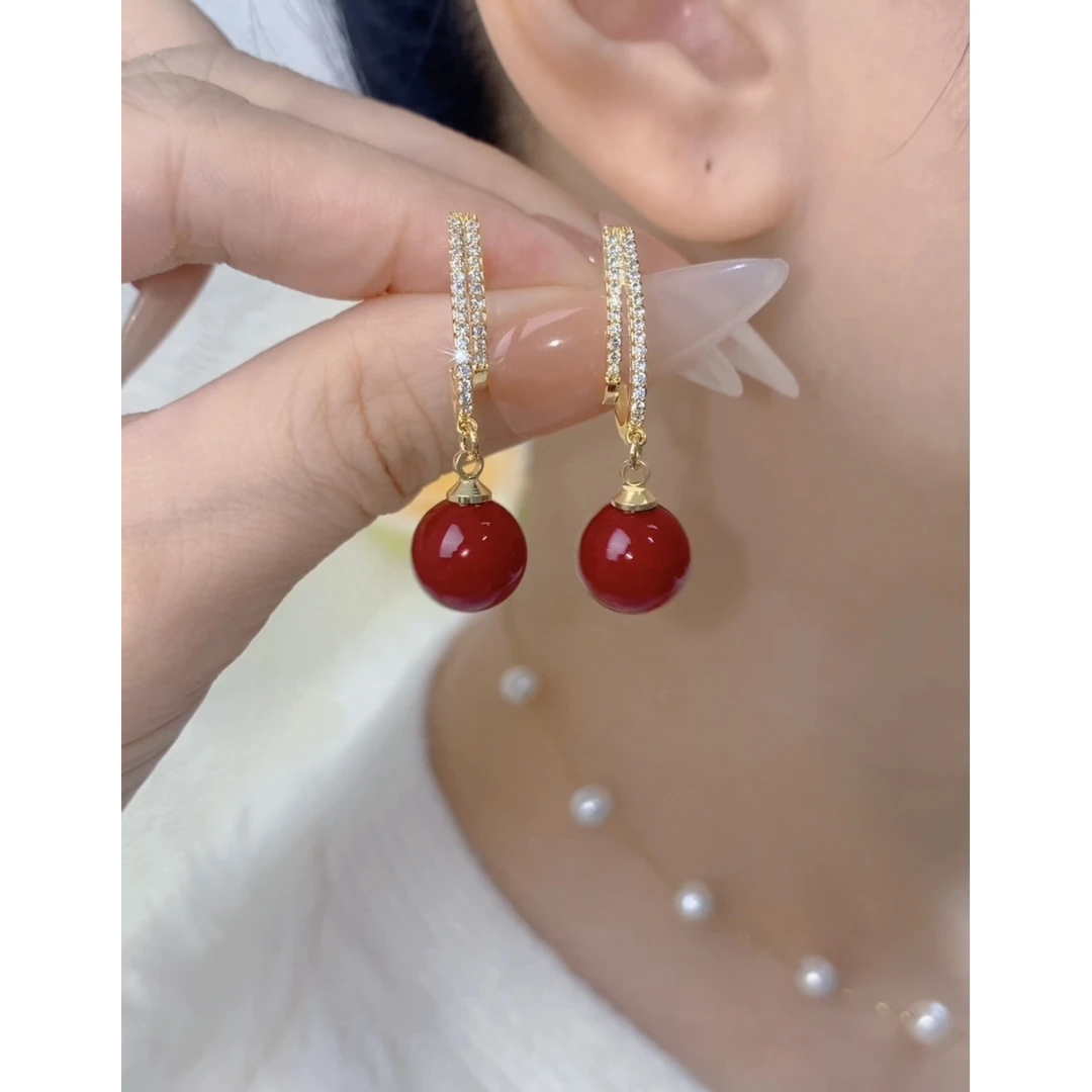 铜合金无非金属耳饰 简约百搭气质红球高级感耳环811