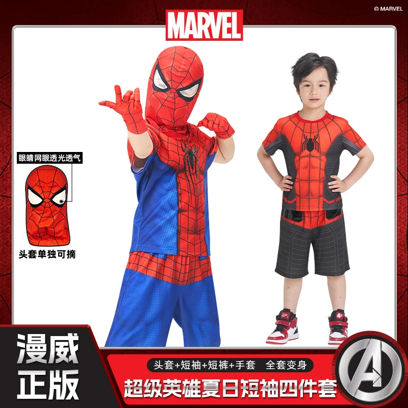 伊佳林漫威正版蜘蛛侠短袖套装夏季蜘蛛侠6-12岁服装运动红色T恤