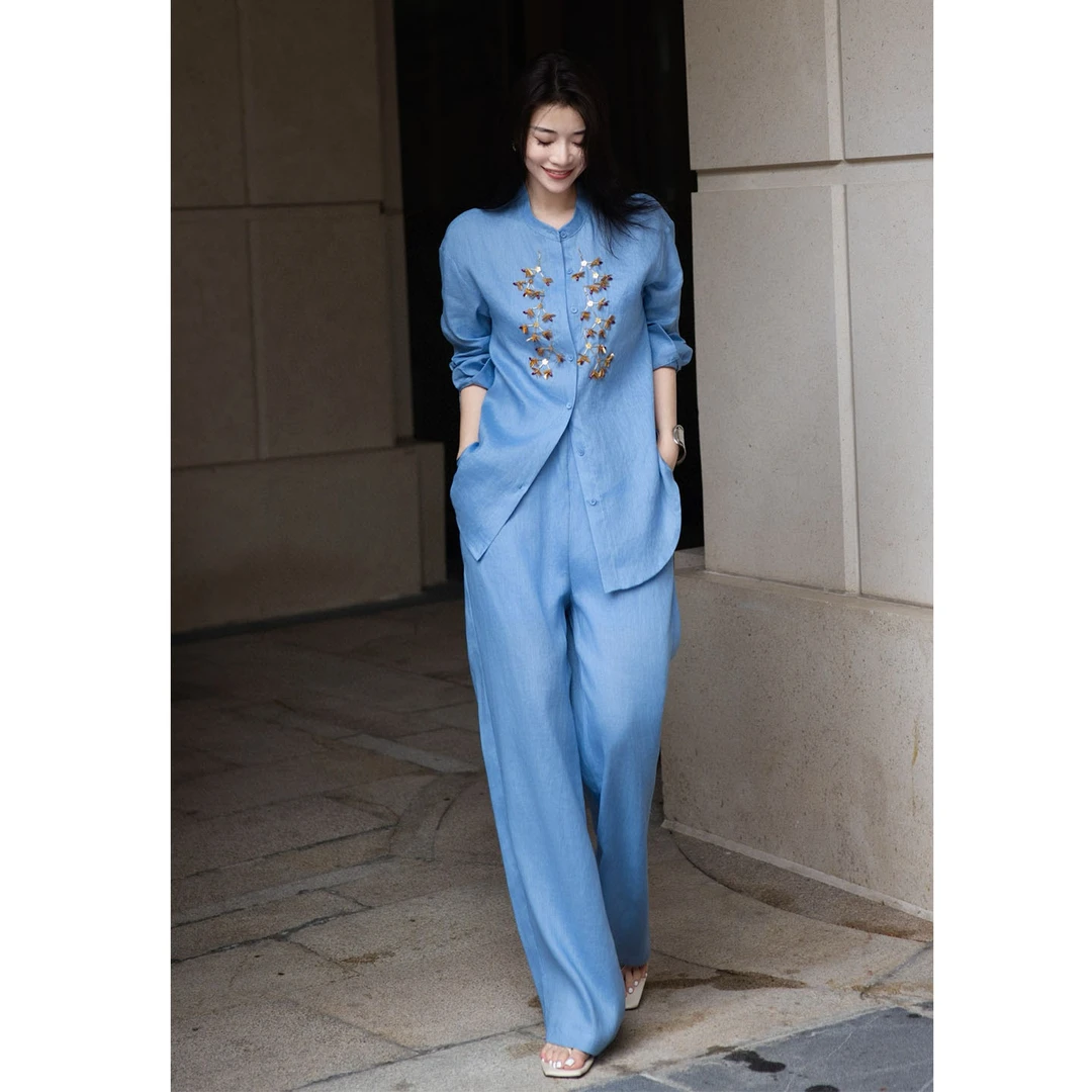 2025早秋新款重工订珠亚麻长袖衬衫阔腿裤套装松驰感慵懒风两件套