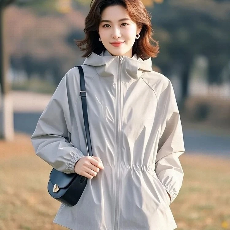 超好看欧若风独特漂亮韩系慵懒灰蓝色收腰连帽夹克薄外套女初春季