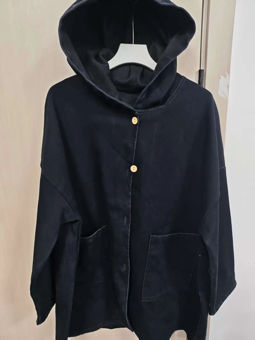 s【沐木流浪记】蓝黑色连帽双口袋女装风衣外套z