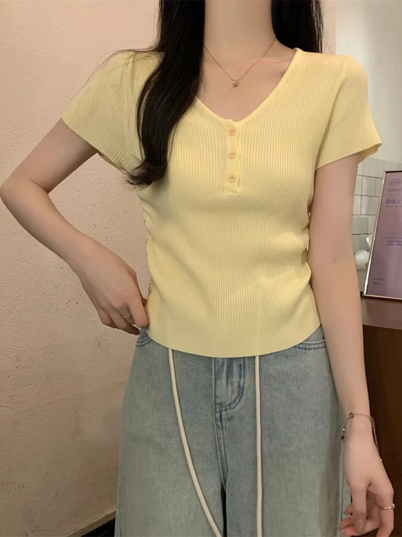 【妍依希服饰】201-250短袖t恤女夏季显瘦遮肚撞色短款针织上衣