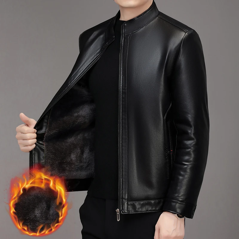 冬季加绒加厚男士新款立领皮衣外套保暖休闲百搭时尚皮夹克88802