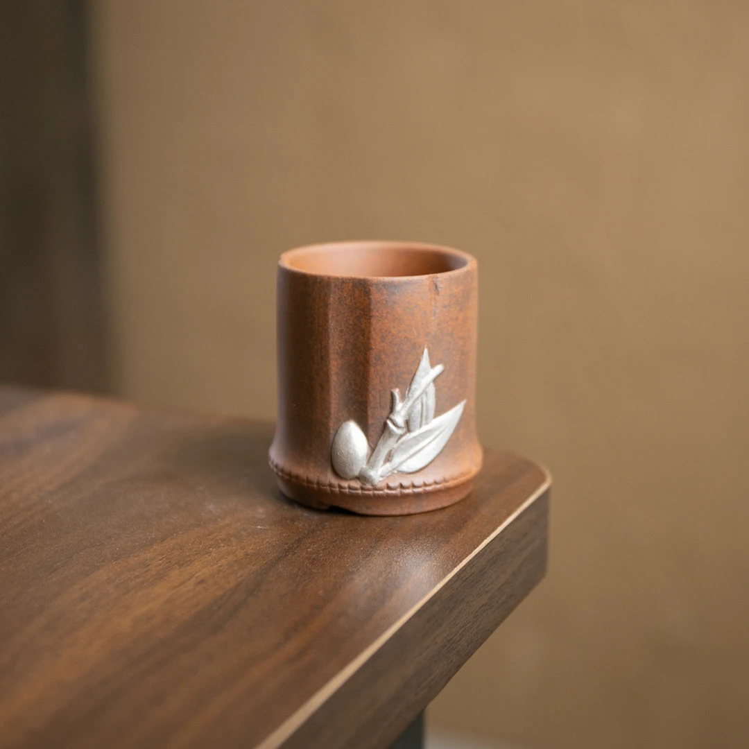 【拿放斋】鎏银高竹节主人杯.3870.粗陶中式复古单杯茶具.SL