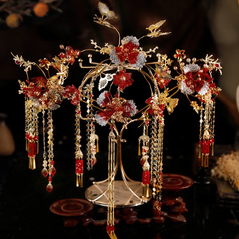 GZ382新娘头饰中式古装结婚发饰金红色造花液花朵古典秀禾发饰