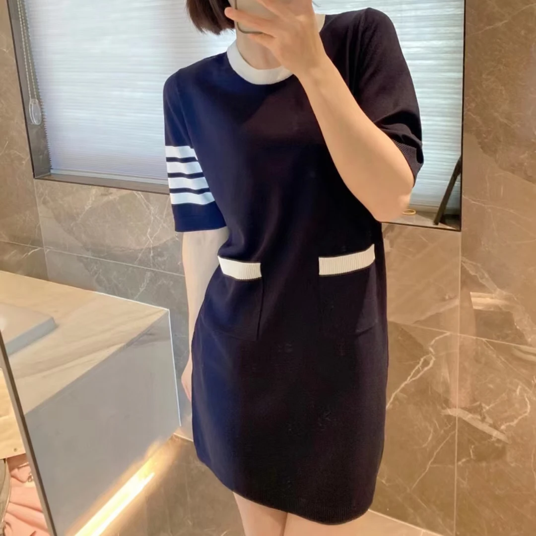 99新 THOMBROWNE 深蓝色经典四条纹刺绣小狗连衣裙 40码 ys000505