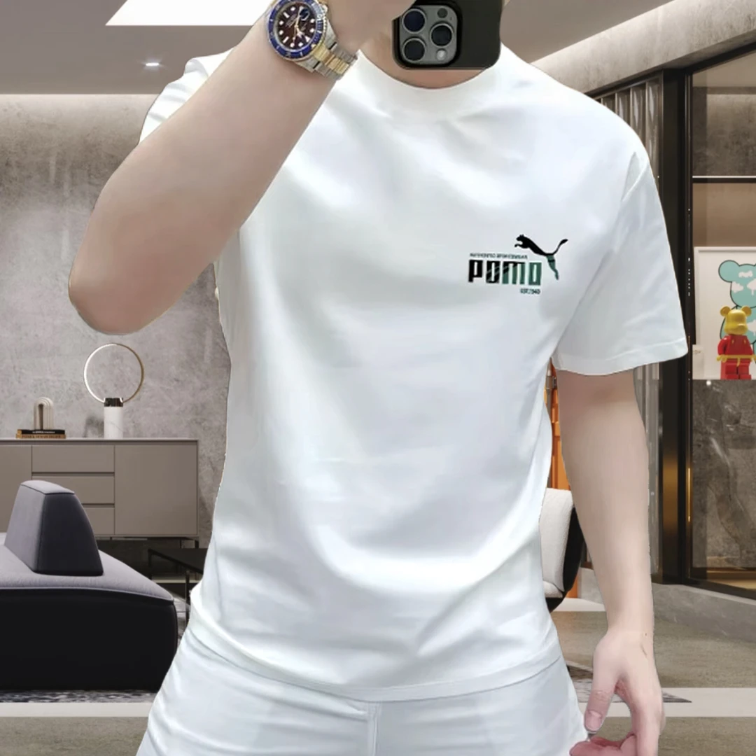 夏季时尚潮流男士短袖T恤上衣轻奢风透气圆领印花半袖凉感T恤衫