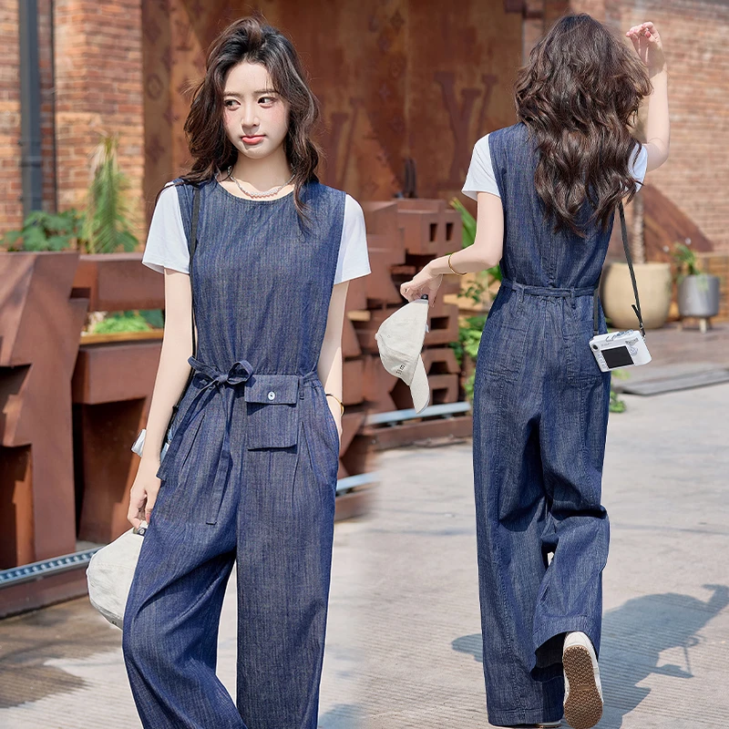 韩系牛仔背带连体裤套装2025夏季新款设计感休闲T恤连衣裤两件套