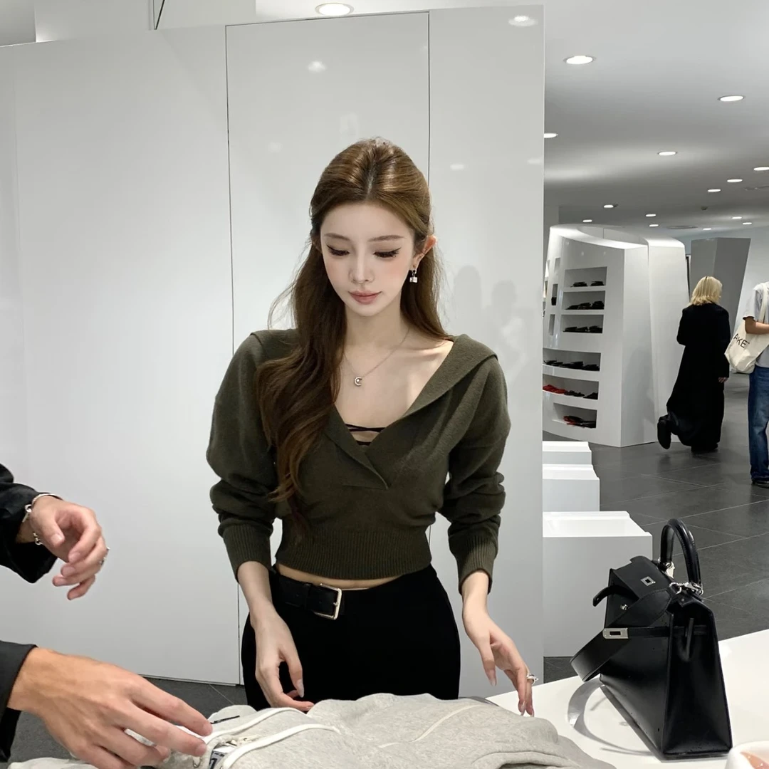 许妍同款2025秋季高级感气质长袖V领连帽毛衣上衣配显瘦休闲裤女