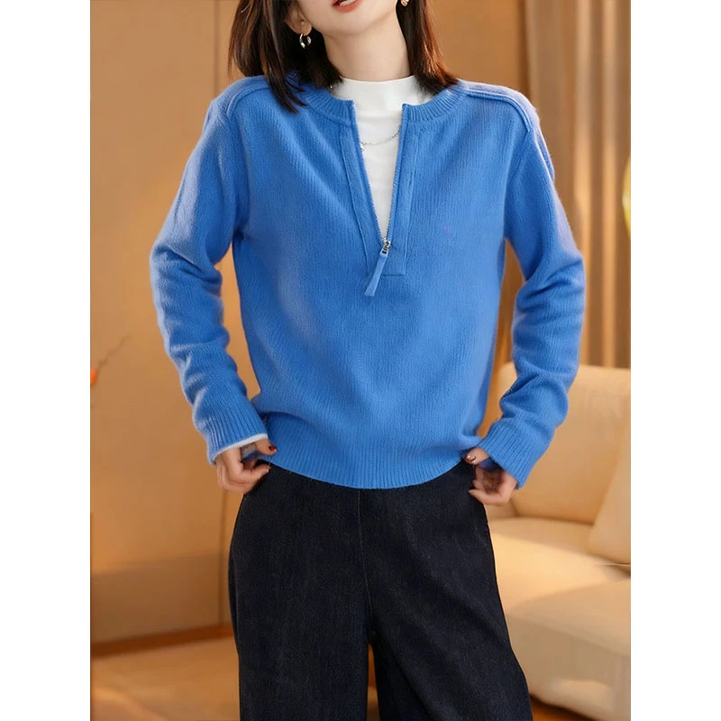 韩版设计感减龄半拉链针织衫女2025冬季新款保暖圆领简约短款上衣