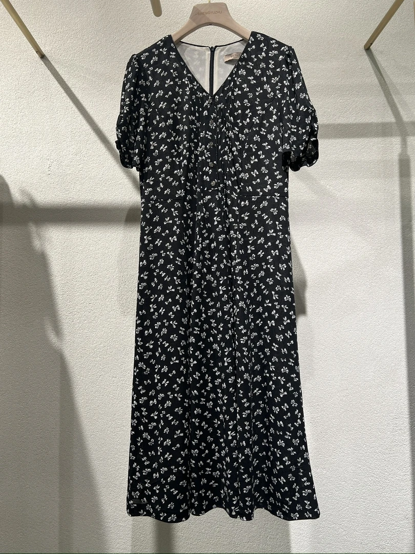 声雨竹1p985夏季V领连衣裙中长款碎花收腰法式轻奢女装大码连衣裙