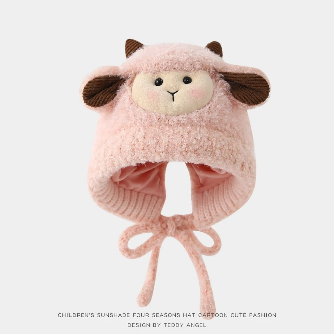 儿童帽子冬天毛绒帽可爱小羊加厚保暖护耳帽男女童宝宝防风针织帽