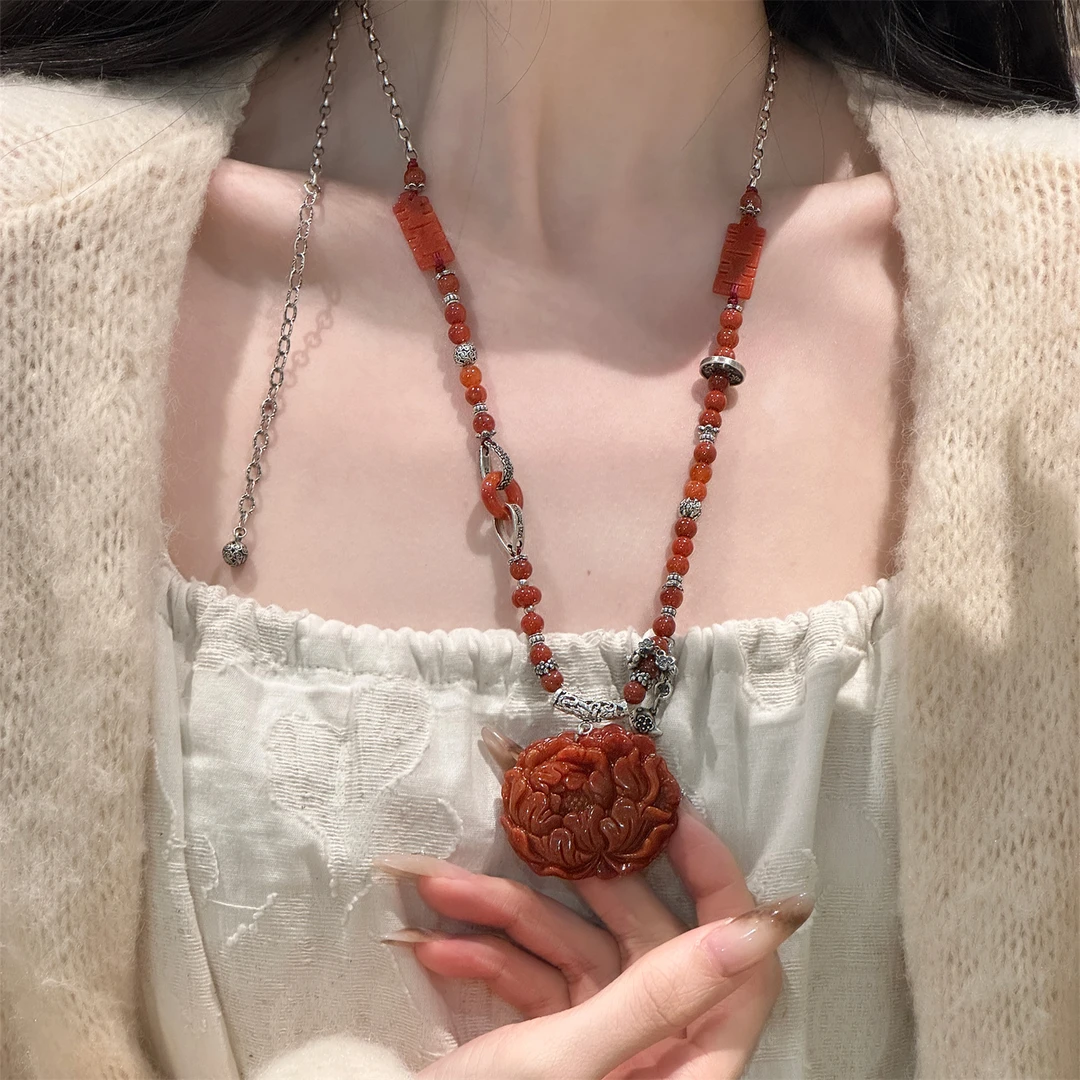 链子925银 N17768 红色牡丹喜字祥云花纹弯管复古百搭银饰项链女