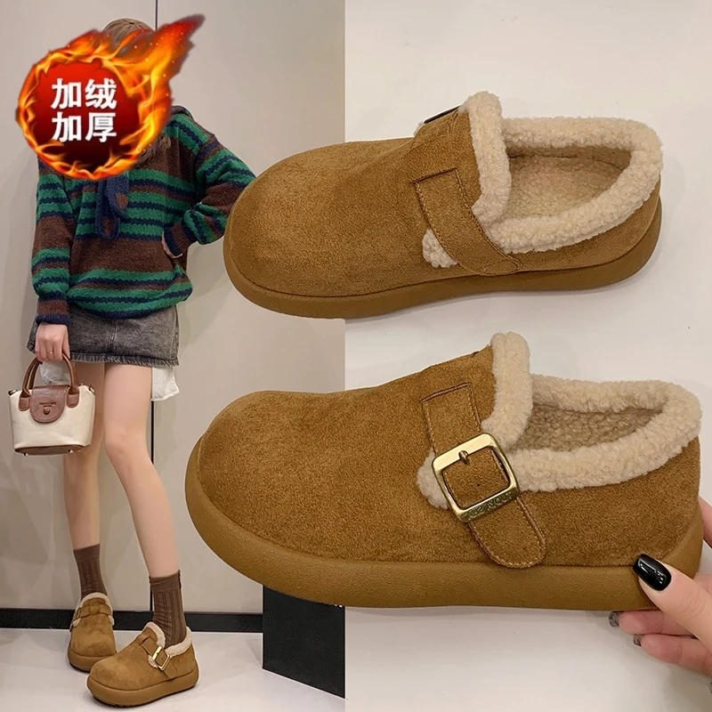 复古全包勃肯鞋女加绒2025冬季新款百搭一脚蹬乐福鞋保暖毛毛鞋女