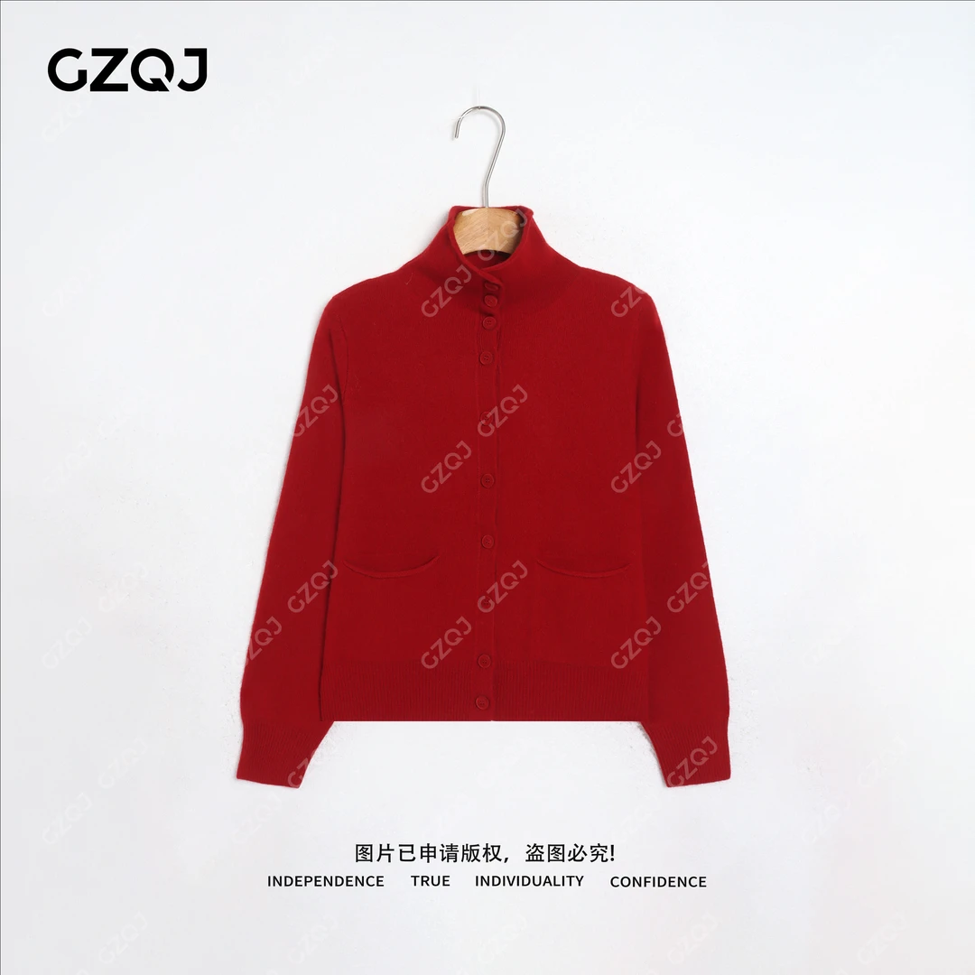 老琴私服【羽绒伴侣】100羊毛老钱风立领单排扣休闲针织衫毛衣9390