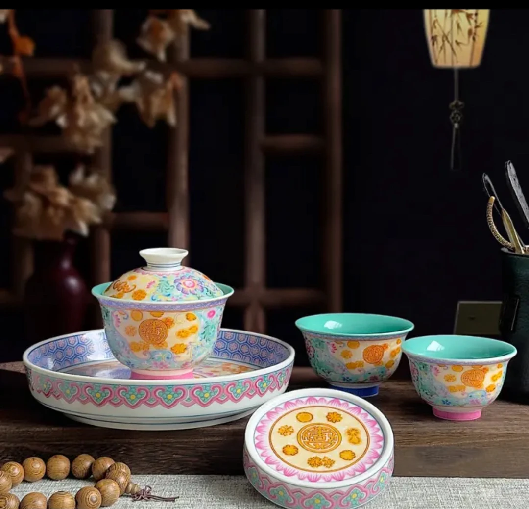 珐琅彩福寿如意纹松石绿玛瑙釉家用陶瓷功夫茶具套装