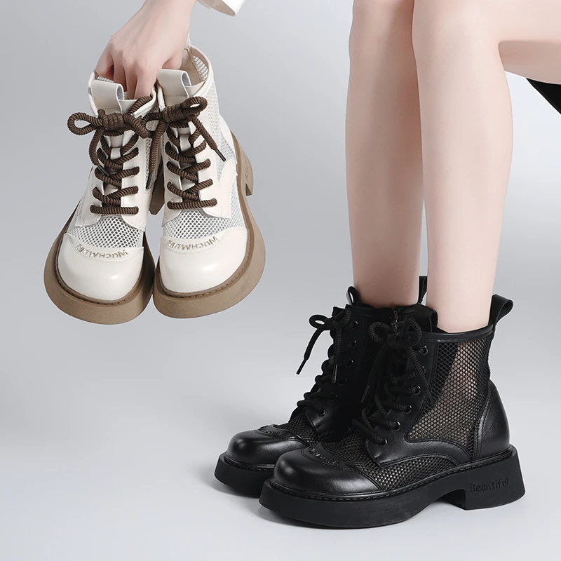 2025新款夏季马丁靴厚底英伦透气网纱靴女鞋时尚百搭靴子轻便薄款