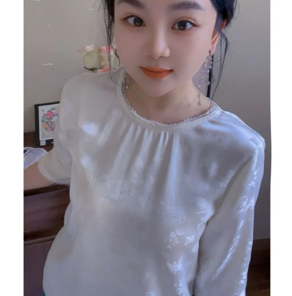 【艳冠群芳】桑蚕丝夏季防晒中式时尚圆领宽松遮肉显瘦小衫上衣