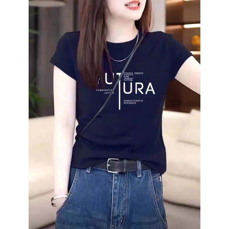 2025夏季正肩纯棉圆领短袖t恤女装ins时尚百搭洋气藏青色上衣修身
