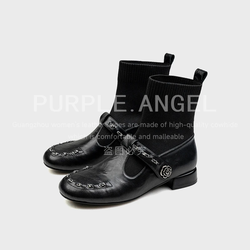 PurpleAngel轻奢3CM/2025法式时尚短靴弹力瘦瘦靴针织袜靴29063