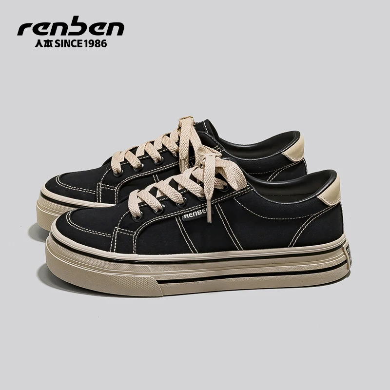 人本官方旗舰店2025年新款时尚百搭黑色布鞋女潮流厚底帆布鞋ins