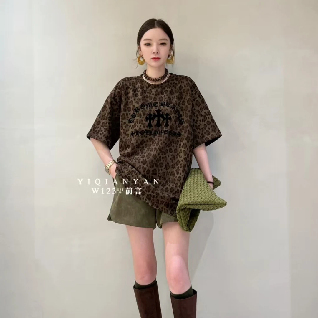 欧货正品豹纹圆领字母印花T恤宽松显瘦女上衣