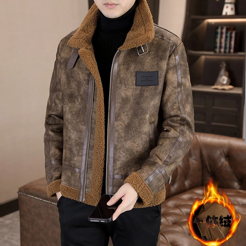 埃卢涅芬皮毛一体外套秋冬季男士羊羔绒翻领夹克痞帅加绒加厚皮衣
