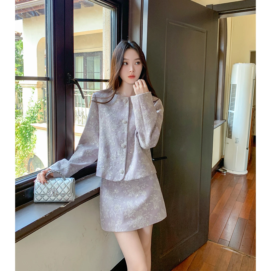 GERTCOREL2025新款春秋季法式重工刺绣外套短裙小香风千金套装女