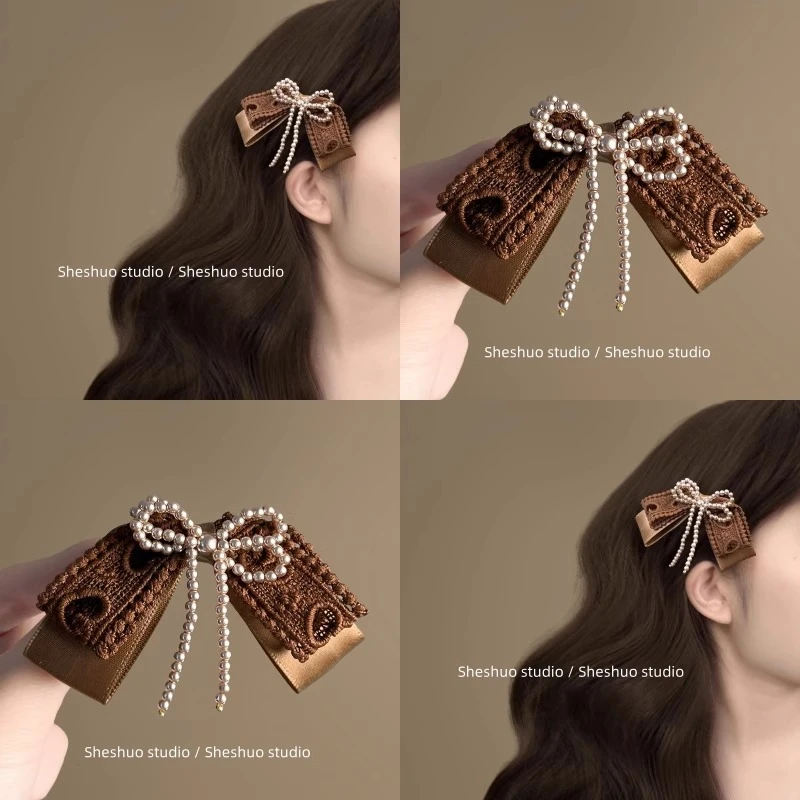卡其黑松露！蕾丝珍珠蝴蝶结发夹！女甜美侧边刘海夹2025新款发饰