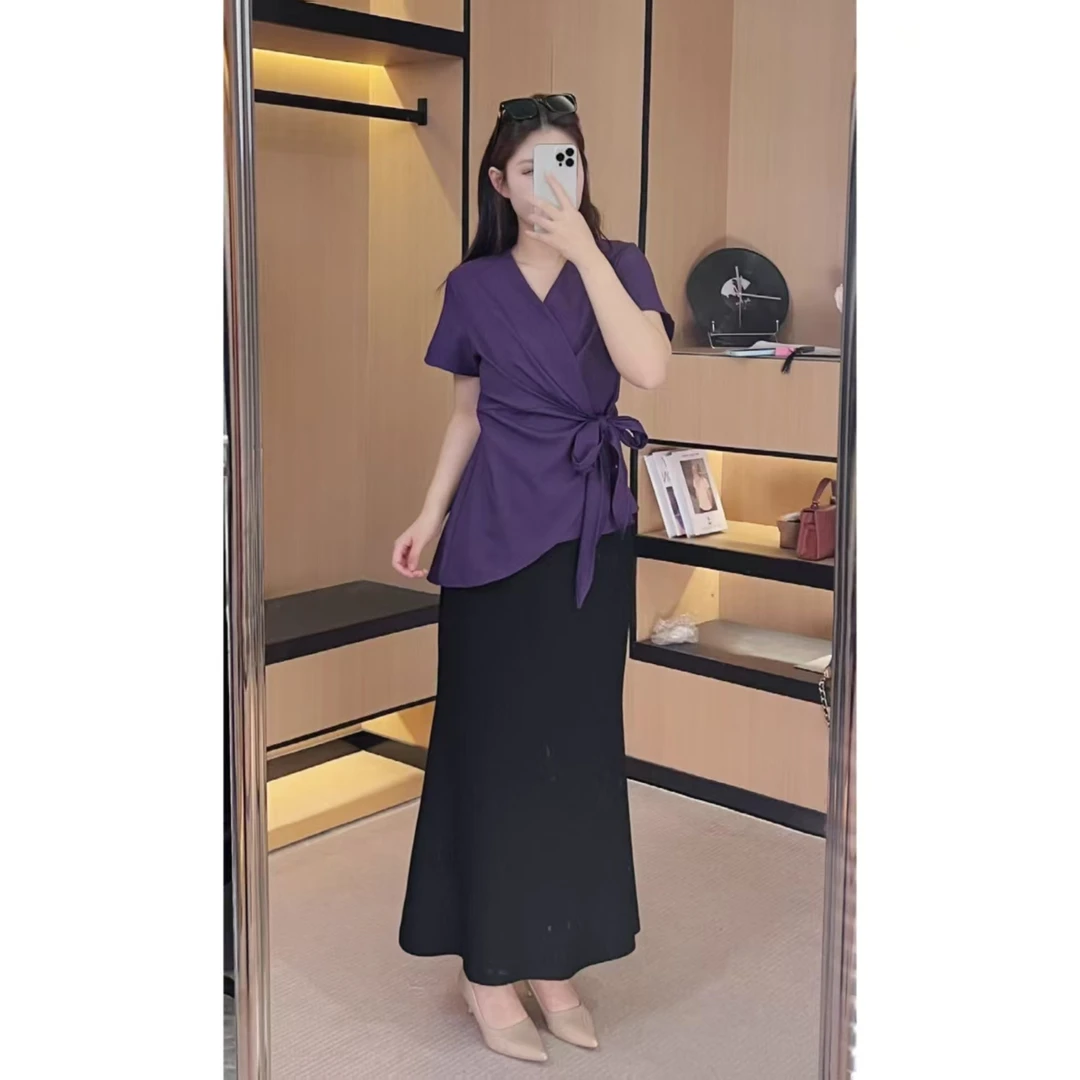 胖大大微胖定制~夏季新款显瘦V领不规则系带上衣+牛仔裤LHC1875