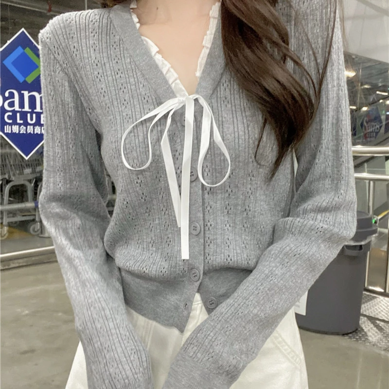 纯欲风系带花边V领长袖针织开衫T恤秋季新款辣妹修身显瘦性感上衣