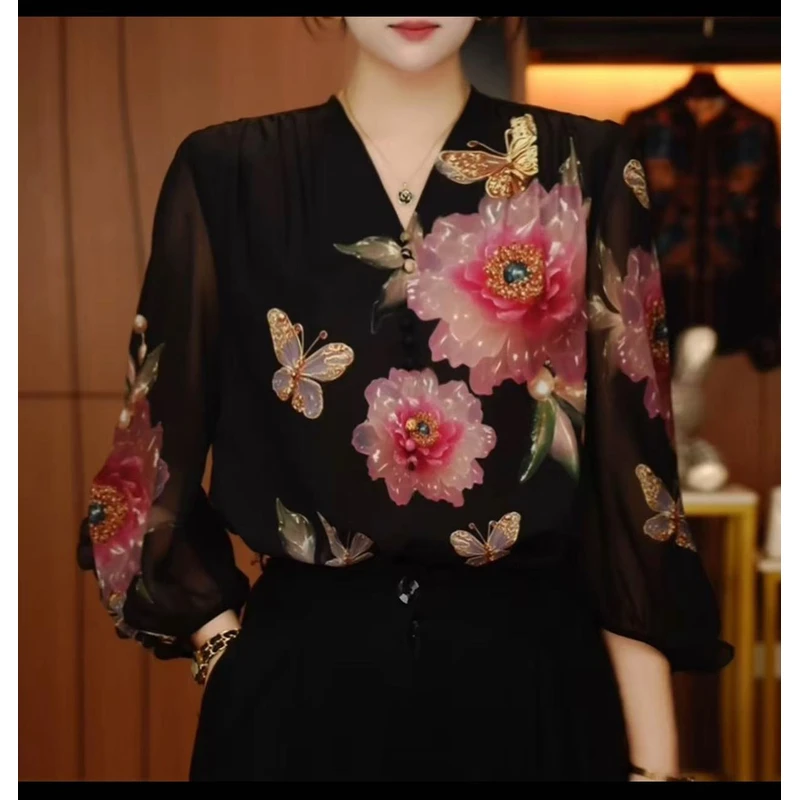 【黑芍药】高端定位印花气质百搭女衬衣！洋气七分袖V领显瘦小衫2526
