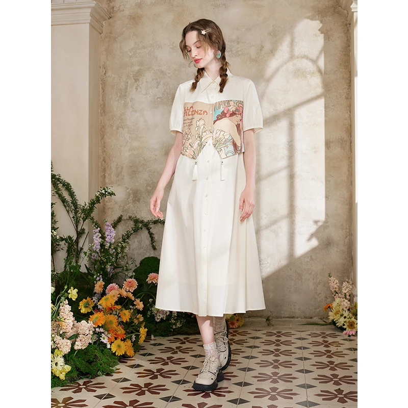 两三事无朽露华复古流苏印花拼接假两件a字连衣裙