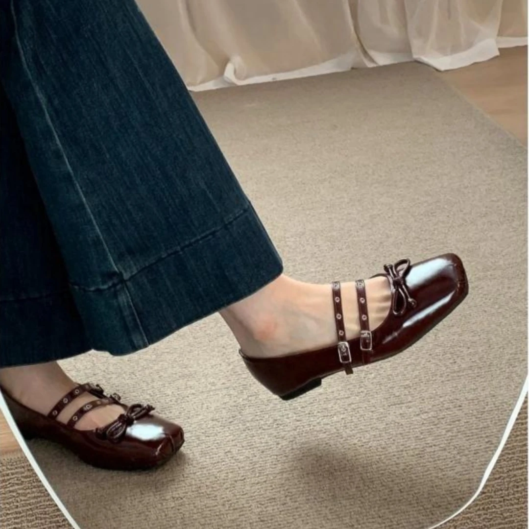 小众复古方头玛丽珍鞋女2025年春夏新款浅口蝴蝶结双字带平底单鞋