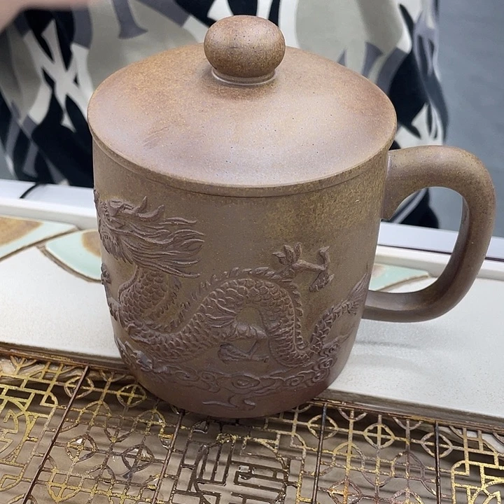 茶杯紫砂柴烧 浮雕大龙盖杯